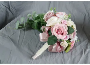 Artificial cascade bridal wedding bouquet with pink white roses faux flowers for ceremony decor
