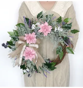 Artificial dahlia flower wreath detail view for wedding home wall hanging door decor.