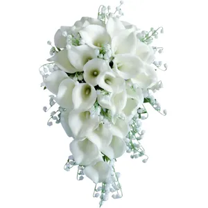 Elegant white cascading wedding bridal bouquet with artificial calla lilies and lily of the valley.