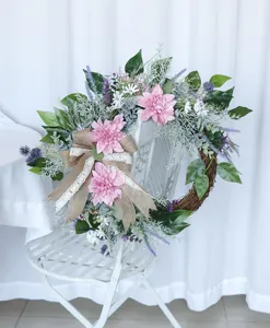 Artificial dahlia flower wreath with burlap bow for wedding home wall door hanging decor.