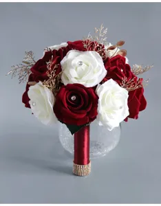 Bouquet da sposa di rose artificiali con foglie dorate e strass per decorazione di nozze