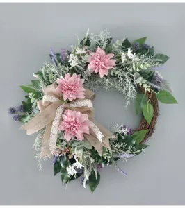 Artificial dahlia flower wreath with burlap bow, spring wedding wall hanging deco.
