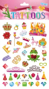 Kids cartoon princess temporary tattoo sheet with cute crown castle and diamond designs.
