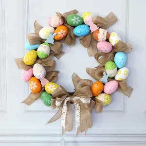 Easter Wreath With Colorful Eggs Burlap Bow Rabbit Decoration Artificial Garland For Front Door Wall Hanging Home Decor Festival Party Supplies
