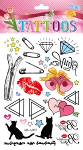 Waterproof temporary tattoo sticker sheet featuring cute cat, diamond and fashion designs.