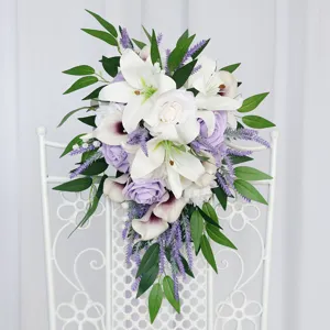European Vintage Artificial Silk Flower Bridal Bouquet Cascade Teardrop Ribbon Rose Lily Calla Lily Wedding Church Party Holding Flower Decor