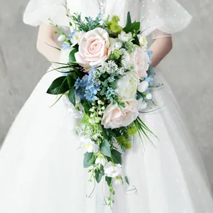 Mori Stil Hochzeit Braut Tropfen Strauß Rosa Blau Künstliche Rose Pfingstrose Wasserfall Blumen Foto Requisiten Deko