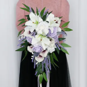 Bridal cascading artificial flower bouquet with white lilies and purple roses for wedding