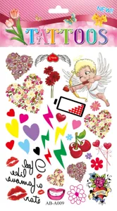 Close-up detail of trendy waterproof temporary tattoo sticker sheet with diverse cute designs.