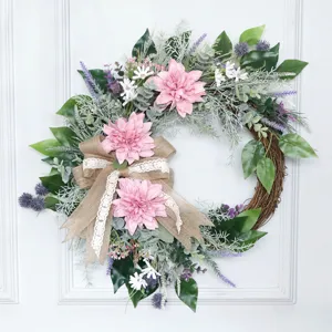 Artificial Dahlia Flower Wreath Pink Lavender Green Leaves Spring Floral Wreath With Burlap Lace Bow For Front Door Wall Wedding Party Home Decor