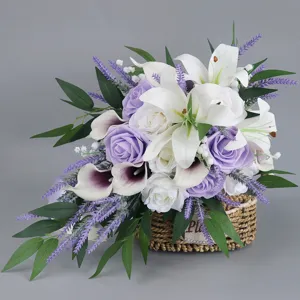 European wedding bride teardrop artificial flower bouquet with white lily and purple rose for photo.