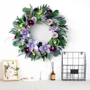 Lila Clematis Künstlicher Blumenkranz Haustür Wandbehang Frühling Hochzeit Dekor Handgefertigter Floral Hoop Dekoration