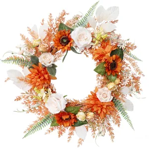 Autumn artificial floral wreath with sunflowers and roses for home harvest festival decor.