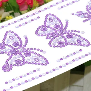 Purple resin butterfly rhinestone DIY stickers, creative acrylic crystal diamond details.