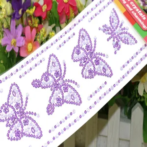 Resin butterfly rhinestone DIY sticker, purple acrylic crystal diamond details for crafts.