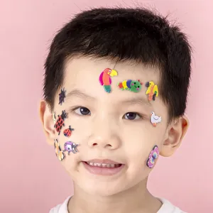 Detail view of 3D cartoon bubble stickers featuring cute insects and animals applied on face.