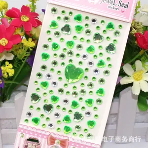 Green heart and round acrylic rhinestone stickers detail view for DIY phone decoration