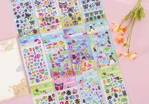 Cartoon 3D puffy stickers set featuring cute animals, fish, and plants for kids learning.