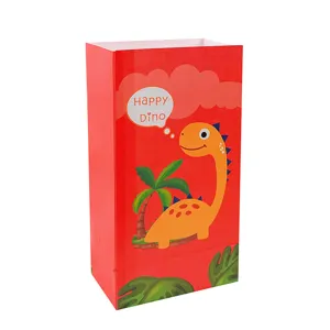 Sacchetto regalo di carta con dinosauro rosso per feste di compleanno di bambini.