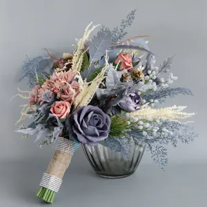 Wedding bridal bouquet artificial flowers home decor purple rose bouquet floral arrangement