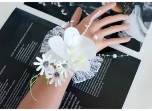 Künstliche weiße Orchidee Handgelenk Korsage Hochzeit Braut Armband mit Perlen