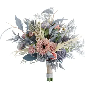 Bridal wedding bouquet smoky grey pink artificial flowers home decor photography props