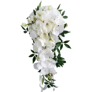 Weißer Kaskaden Brautstrauß künstliche Blumen Hochzeit Tropfen Handblumen Dekor für Braut