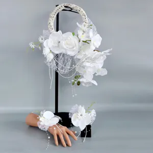 Romantischer Weißer Künstlicher Seiden Phalaenopsis Orchideen Blumenkranz Handstrauß Handgelenk Corsage Boutonniere Mit Spitzennetz Künstliche Perlen Dekoration Für Hochzeit Braut Party Fotografie Ornamente