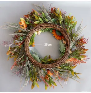Artificial sunflower wreath for autumn harvest festival, 25cm fall door hangings