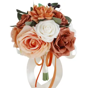 Kunstmatige bruidsboeket vintage bruine witte roZEN bloemen voor huwelijksfeest decor