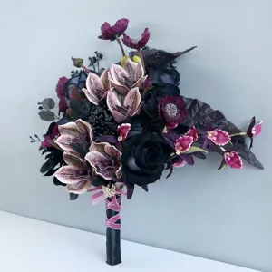 Vintage schwarz lila künstliche Hochzeit Braut Hand gebundener Blumenstrauß Seidenblume