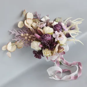 European Vintage Bridal Bouquet Silk Burned Edge Rose Calla Lily Eucalyptus Leaf Satin Ribbon Handmade Wedding Flowers Photography Decor