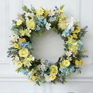 Handmade Artificial Spring Wreath With Yellow Rose Blue Hydrangea Daisy Green Leaves Front Door Decor Wall Hanging Rustic Floral Wreath