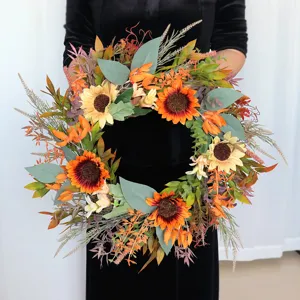 Harvest Festival Retro Sunflower Wreath Silk Flower Autumn Orange Maple Leaves Berries Handmade Door Hanging Garland Wreath Home Decor