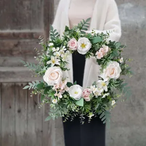 Guirnalda de Flores Artificiales de Primavera Rosa Champaña Seda para Puerta Pared Jardín Boda Hogar Decoración