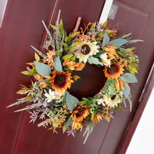 Autumn artificial sunflower wreath for front door decor, rustic harvest festival floral hanging.
