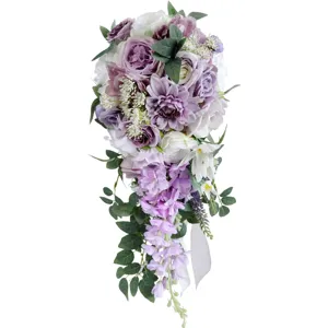 Künstlicher kaskadenförmiger Brautstrauß lila weiße Rosen Dahlien Hochzeitsblumen