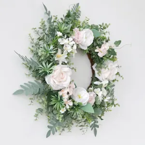 Corona de flores artificiales de primavera puerta pared colgante decoracion con rosas y eucalipto.
