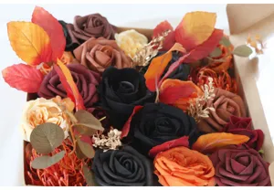 Set de caja de rosas artificiales de otoño con flores mixtas y hojas para decoración regalo DIY.