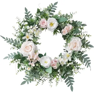 Corona de flores artificiales para puerta principal primavera, rosa y blanca guirlanda.