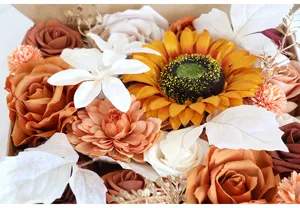 Set de caja de flores artificiales con rosas y girasol para decoración del hogar DIY.