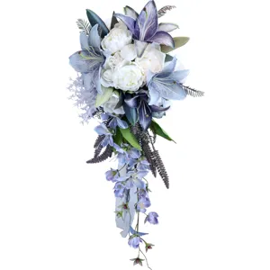 Bouquet da sposa a cascata giglio artificiale peonia blu bianco composizione floreale nozze
