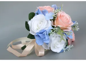 Ramo de novia artificial rosa de seda hortensia azul arreglo floral para decoración del hogar