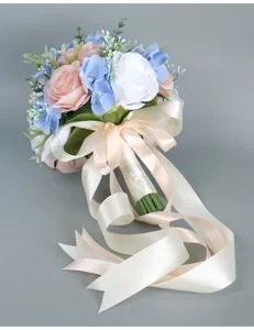 Korean style artificial wedding bridal bouquet with silk roses and long satin ribbons.