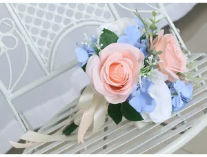 Ramo de novia artificial estilo bosque rosas rosas y azules flores de seda decoración mesa