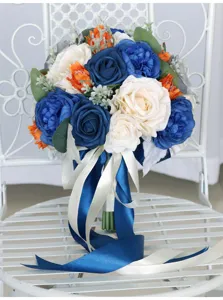 Künstlicher Hochzeitsbrautstrauß mit blauen, weißen und orangefarbenen Rosen