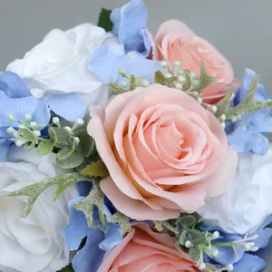 Ramo de flores artificiales boda novia rosa de seda hortensia para decoración del hogar.