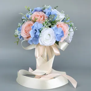 Korean Style Bridal Bouquet Artificial Rose Hydrangea Flowers With Satin Ribbon Romantic Wedding Bouquet Photography Props Decoration