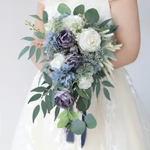 Teardrop Brautstrauß Künstliche Seidenstoff Blumen Nebelblau Weiß Rose Braut Kaskade Blumen Für Fotografie Heimdekoration Feier