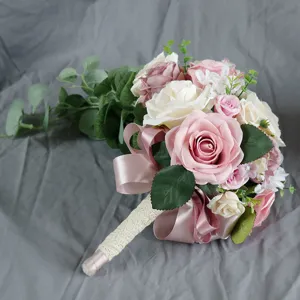Artificial bridal bouquet cascade teardrop wedding flowers pink white roses with ribbon